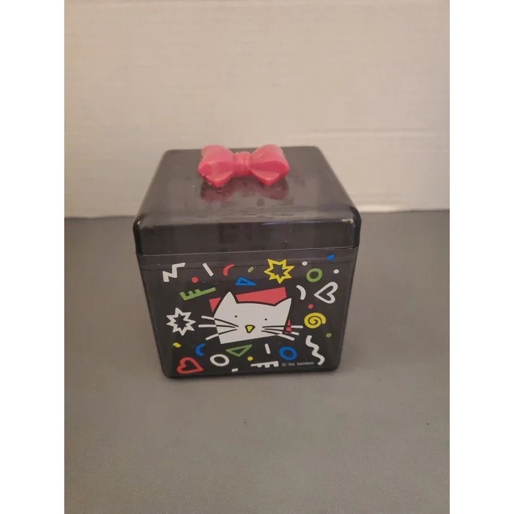 Vintage 90’s Sanrio Cat Clear Black Plastic Trinket Box With Pink Bow On Top